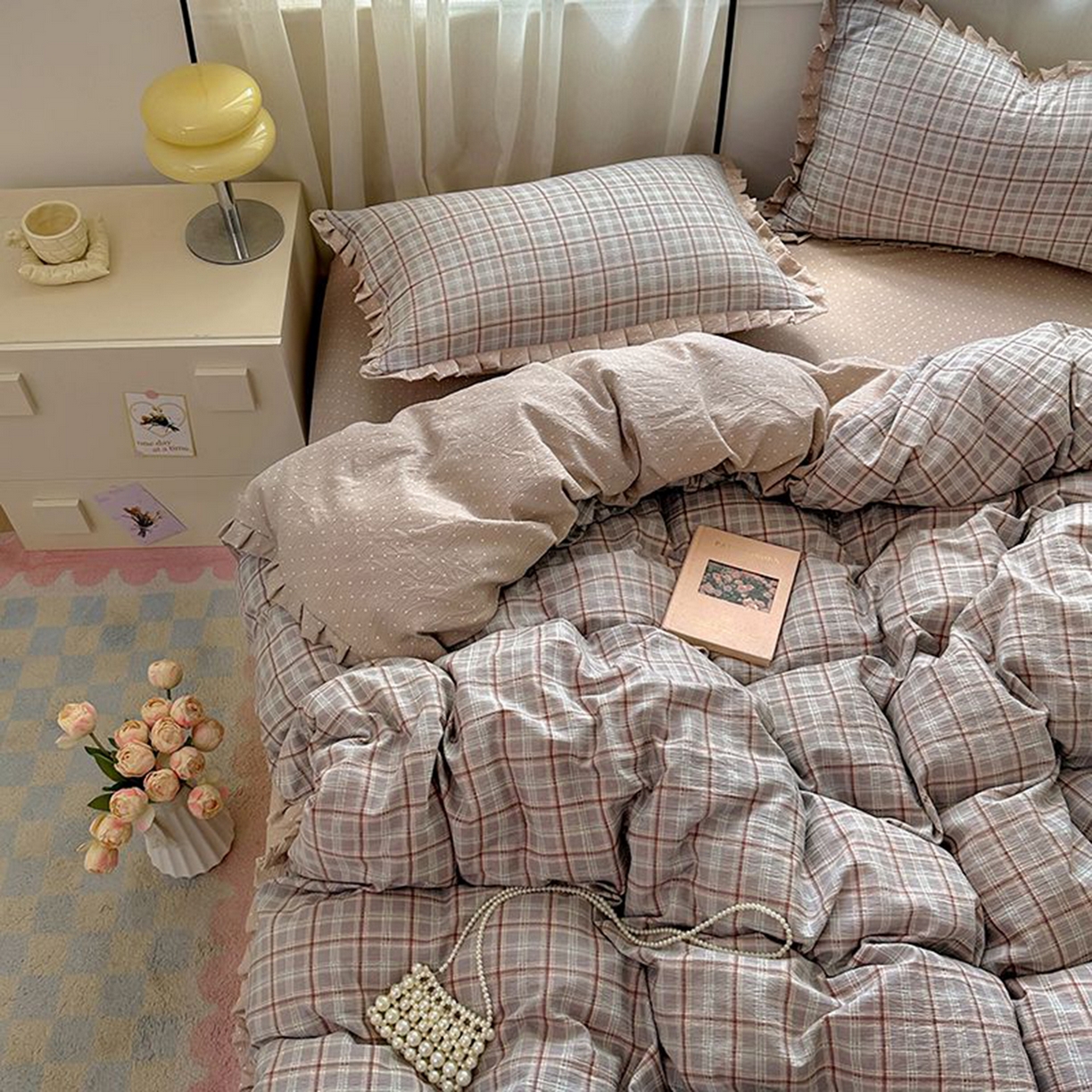 91家纺网 家纺一手货源 找家纺 春光里 2025新款高克重皱皱纱四件套 苏格兰格