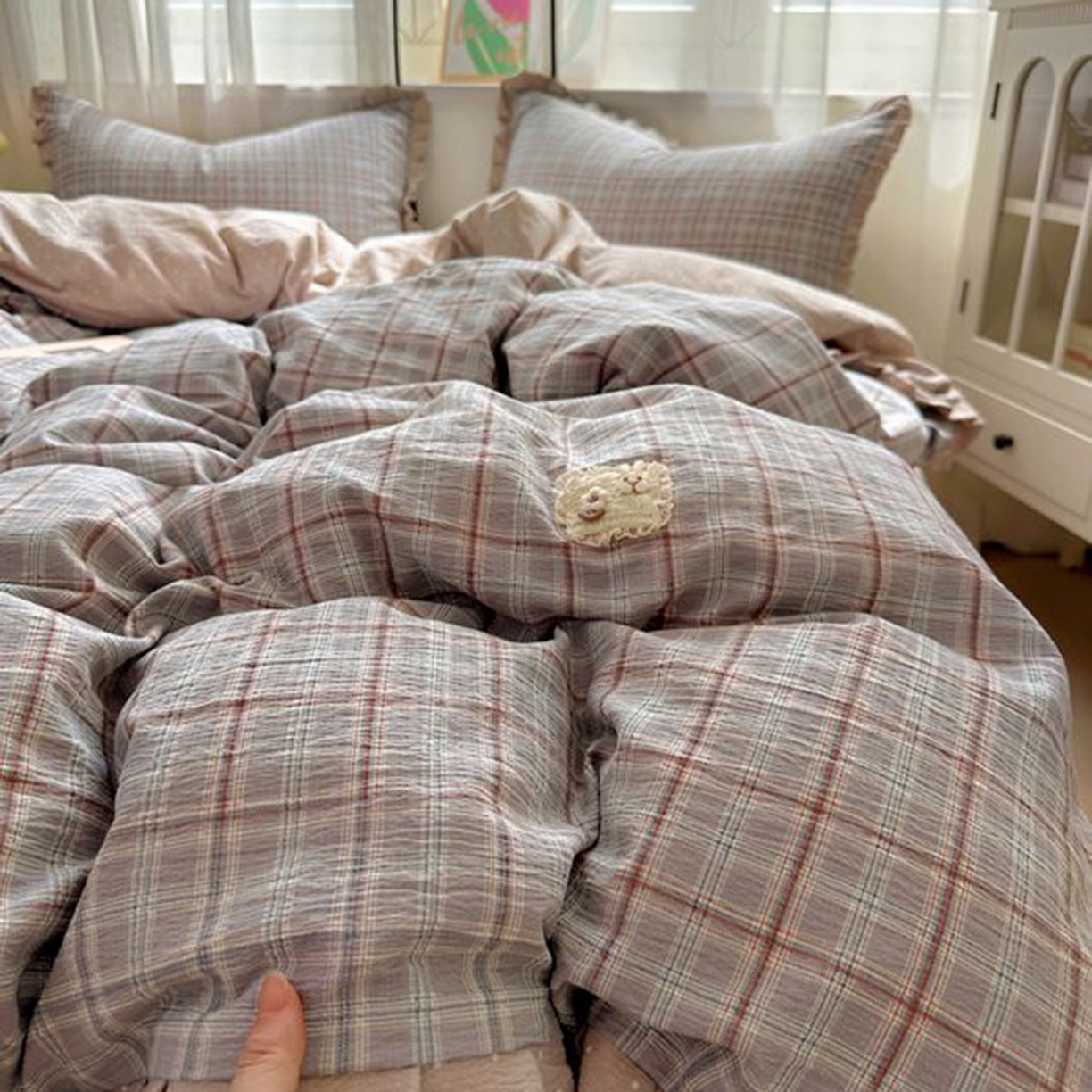 91家纺网 家纺一手货源 找家纺 春光里 2025新款高克重皱皱纱四件套 苏格兰格