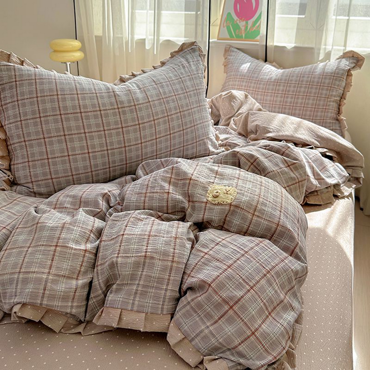 91家纺网 家纺一手货源 找家纺 春光里 2025新款高克重皱皱纱四件套 苏格兰格