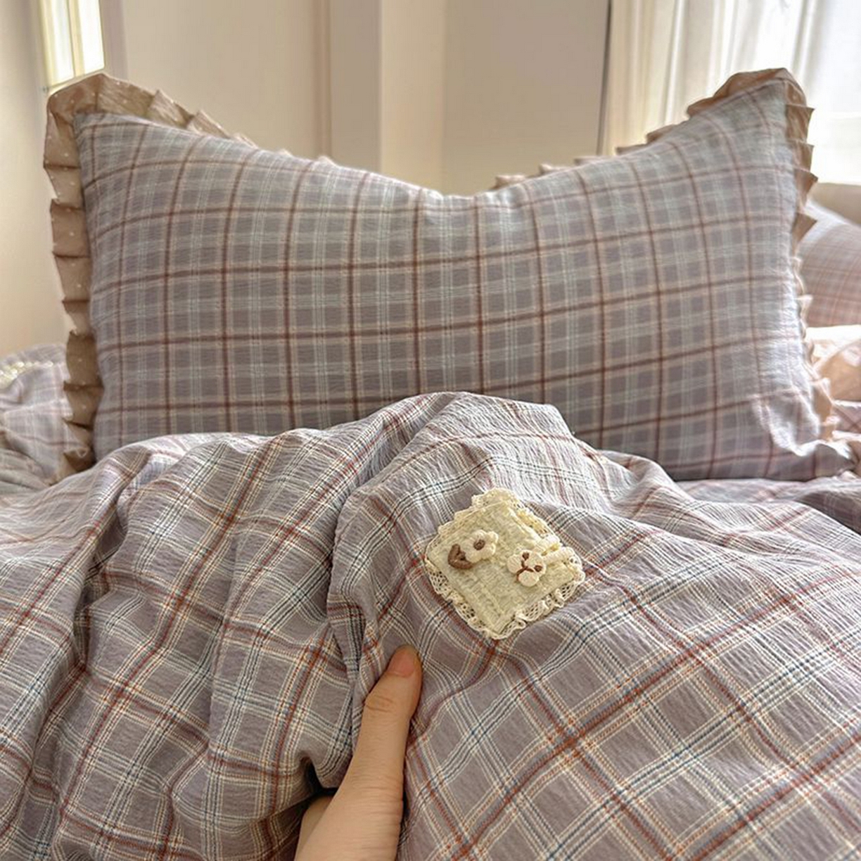 91家纺网 家纺一手货源 找家纺 春光里 2025新款高克重皱皱纱四件套 苏格兰格