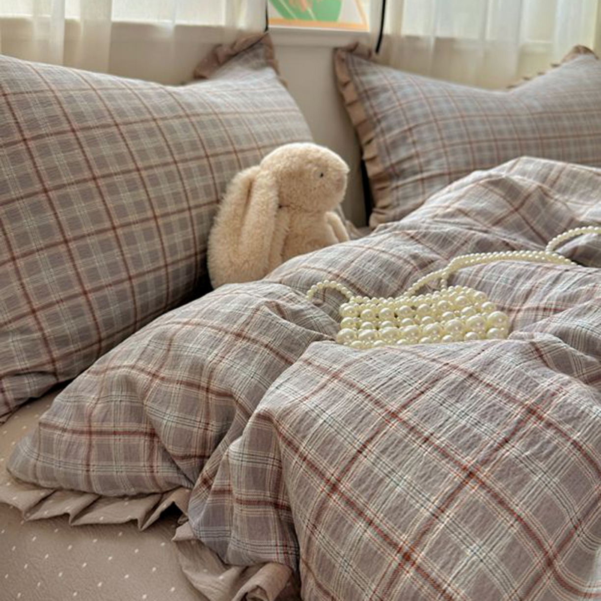 91家纺网 家纺一手货源 找家纺 春光里 2025新款高克重皱皱纱四件套 苏格兰格