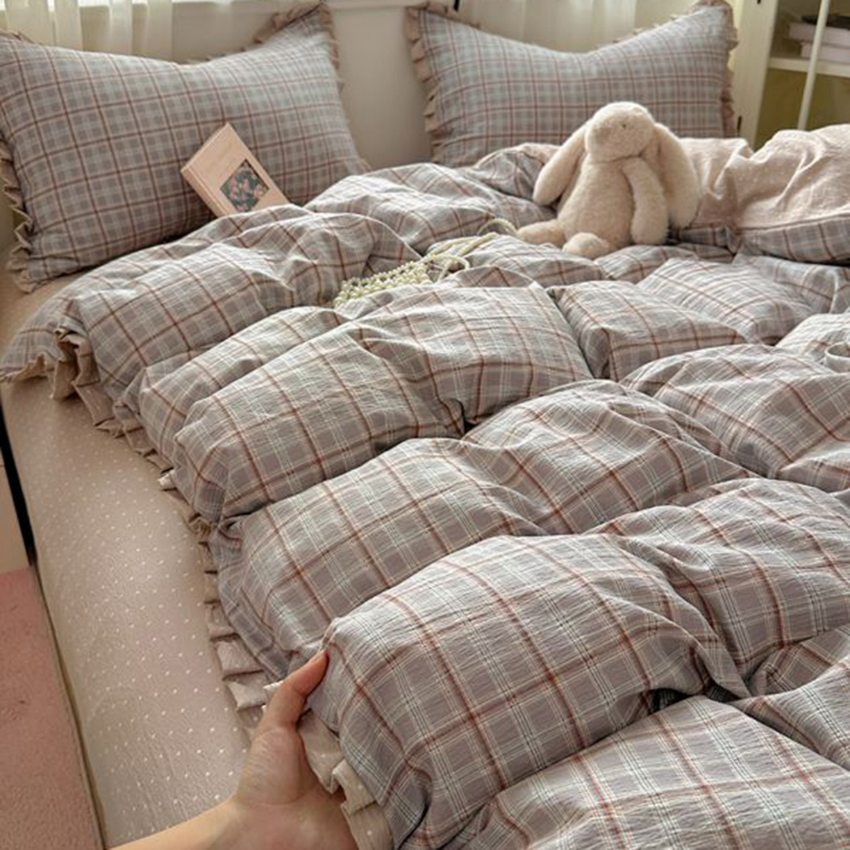 91家纺网 家纺一手货源 找家纺 春光里 2025新款高克重皱皱纱四件套 苏格兰格