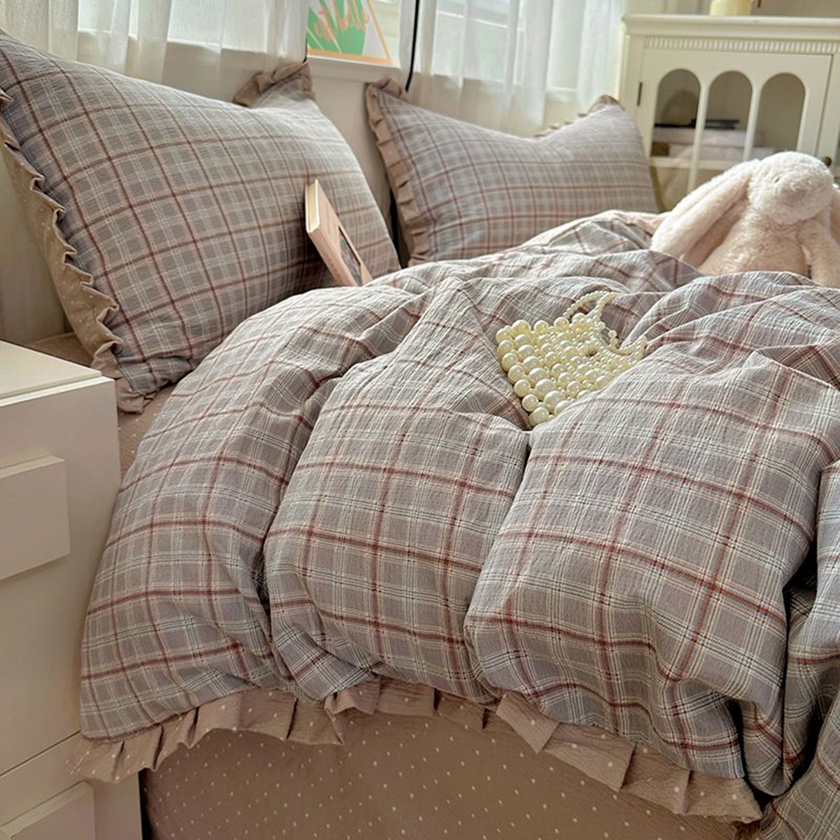 91家纺网 家纺一手货源 找家纺 春光里 2025新款高克重皱皱纱四件套 苏格兰格