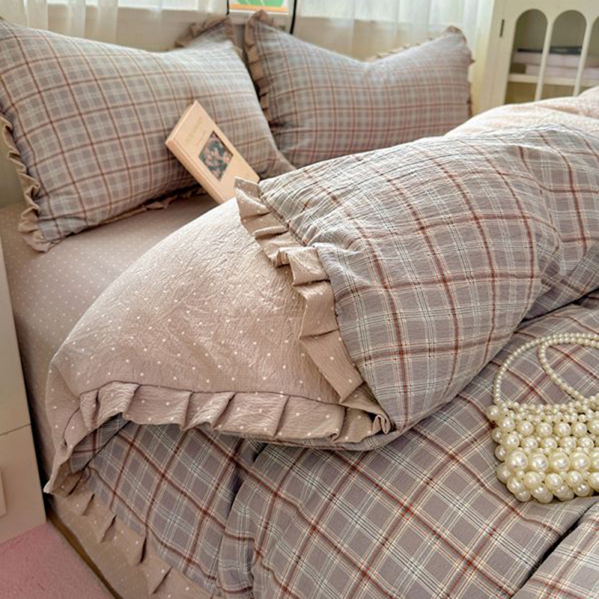 91家纺网 家纺一手货源 找家纺 春光里 2025新款高克重皱皱纱四件套 苏格兰格