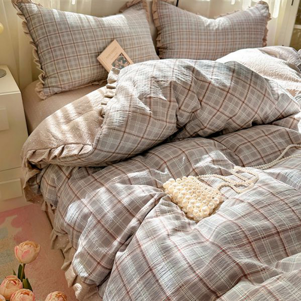 91家纺网 家纺一手货源 找家纺 春光里 2025新款高克重皱皱纱四件套 苏格兰格