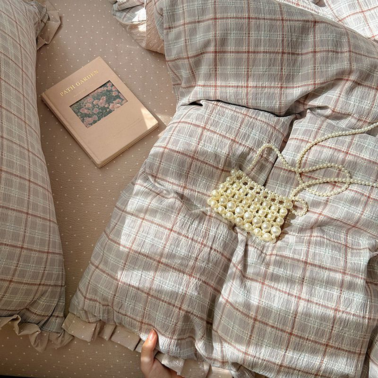 91家纺网 家纺一手货源 找家纺 春光里 2025新款高克重皱皱纱四件套 苏格兰格