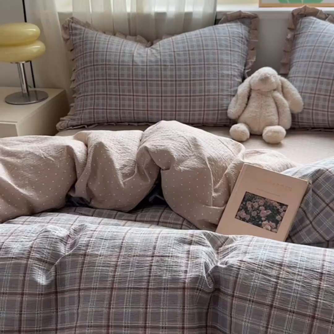 91家纺网 家纺一手货源 找家纺 春光里 2025新款高克重皱皱纱四件套 苏格兰格