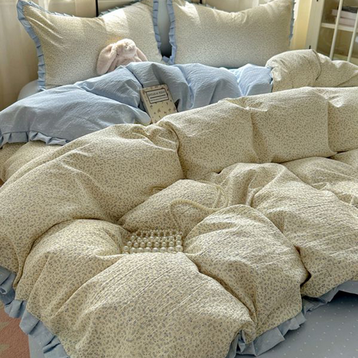 91家纺网 家纺一手货源 找家纺 春光里 2025新款高克重皱皱纱四件套 碎蓝