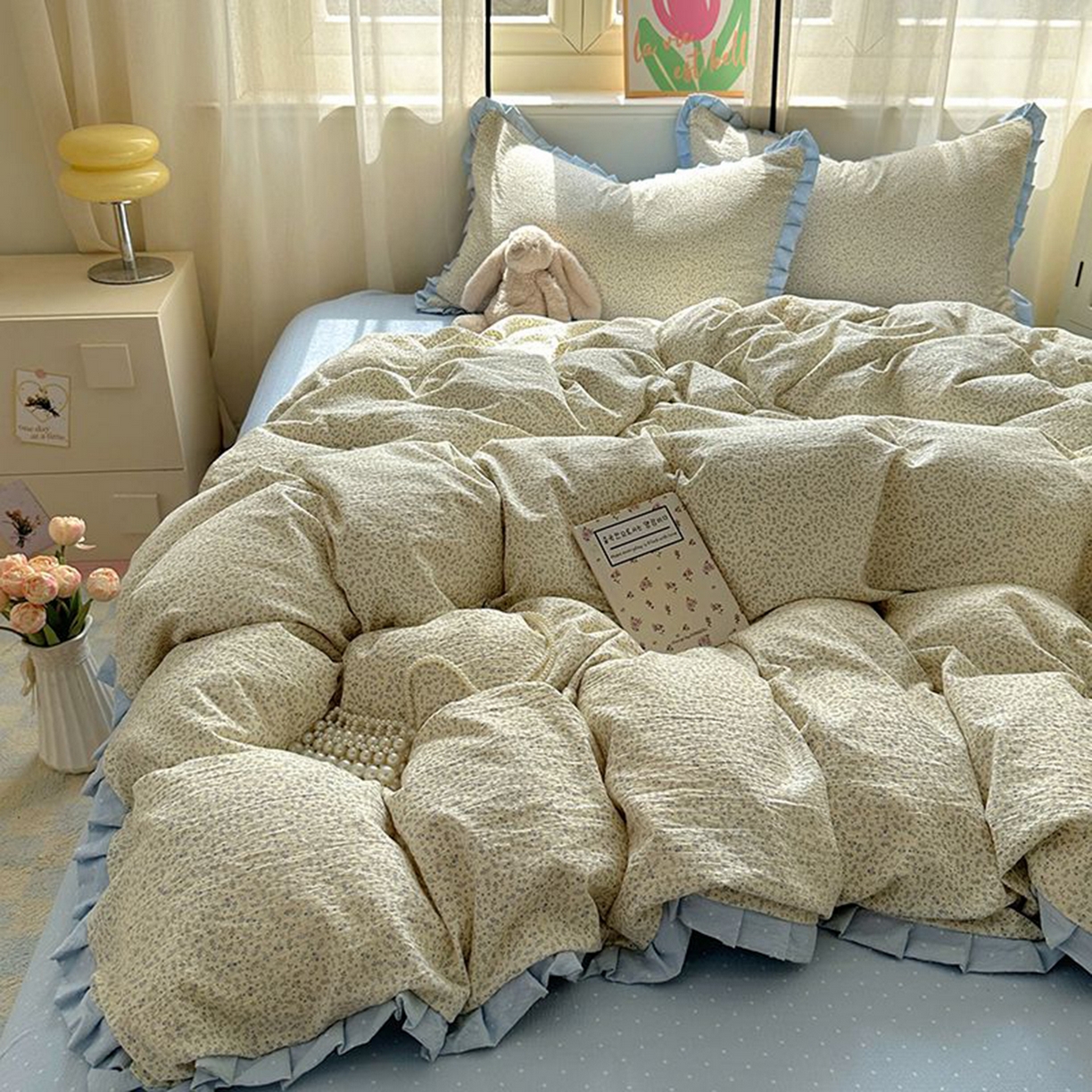 91家纺网 家纺一手货源 找家纺 春光里 2025新款高克重皱皱纱四件套 碎蓝