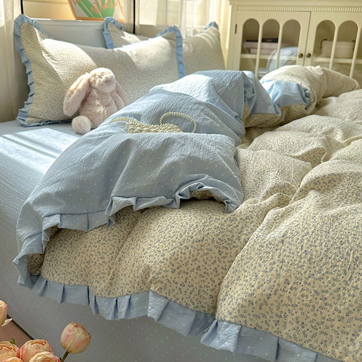 91家纺网 家纺一手货源 找家纺 春光里 2025新款高克重皱皱纱四件套 碎蓝