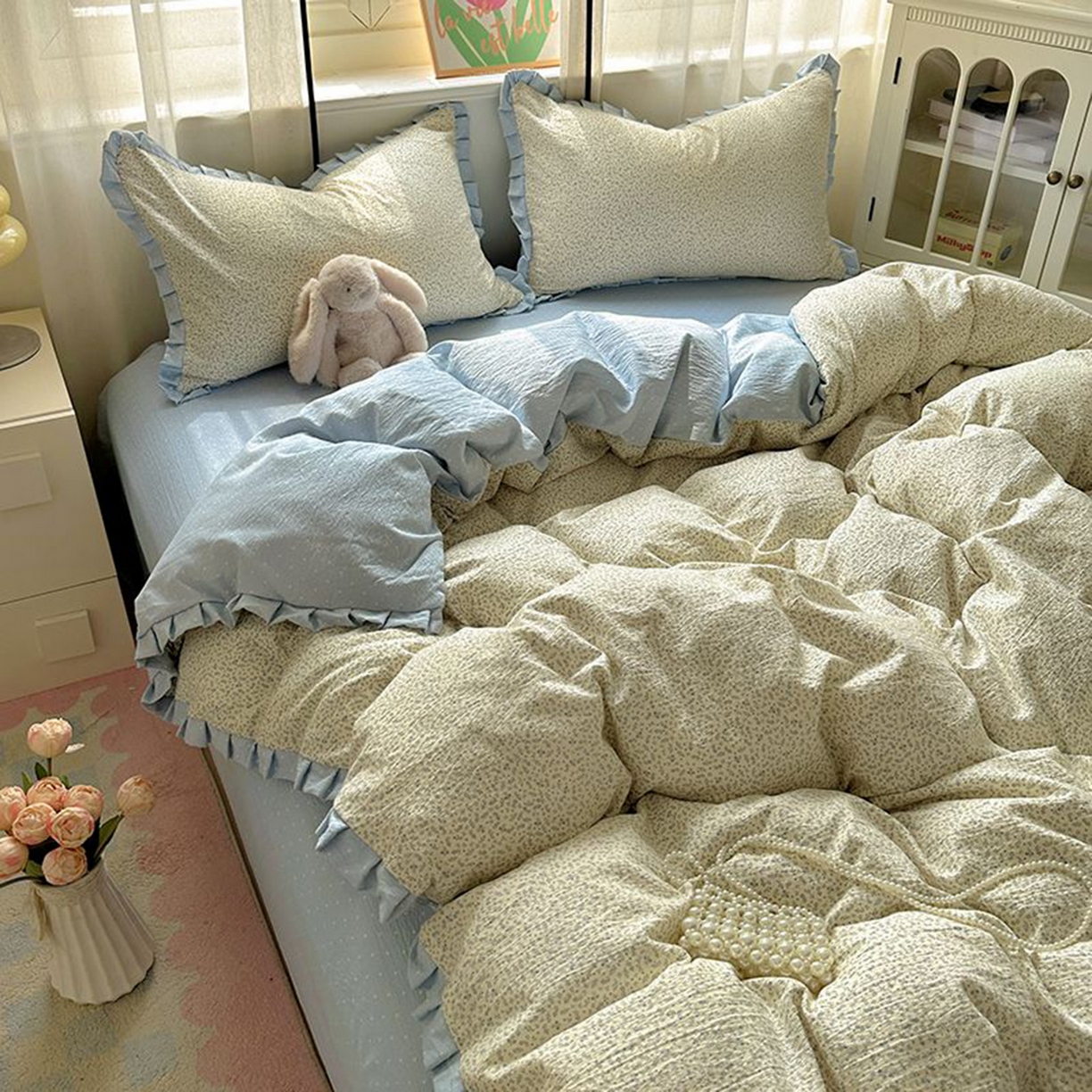 91家纺网 家纺一手货源 找家纺 春光里 2025新款高克重皱皱纱四件套 碎蓝