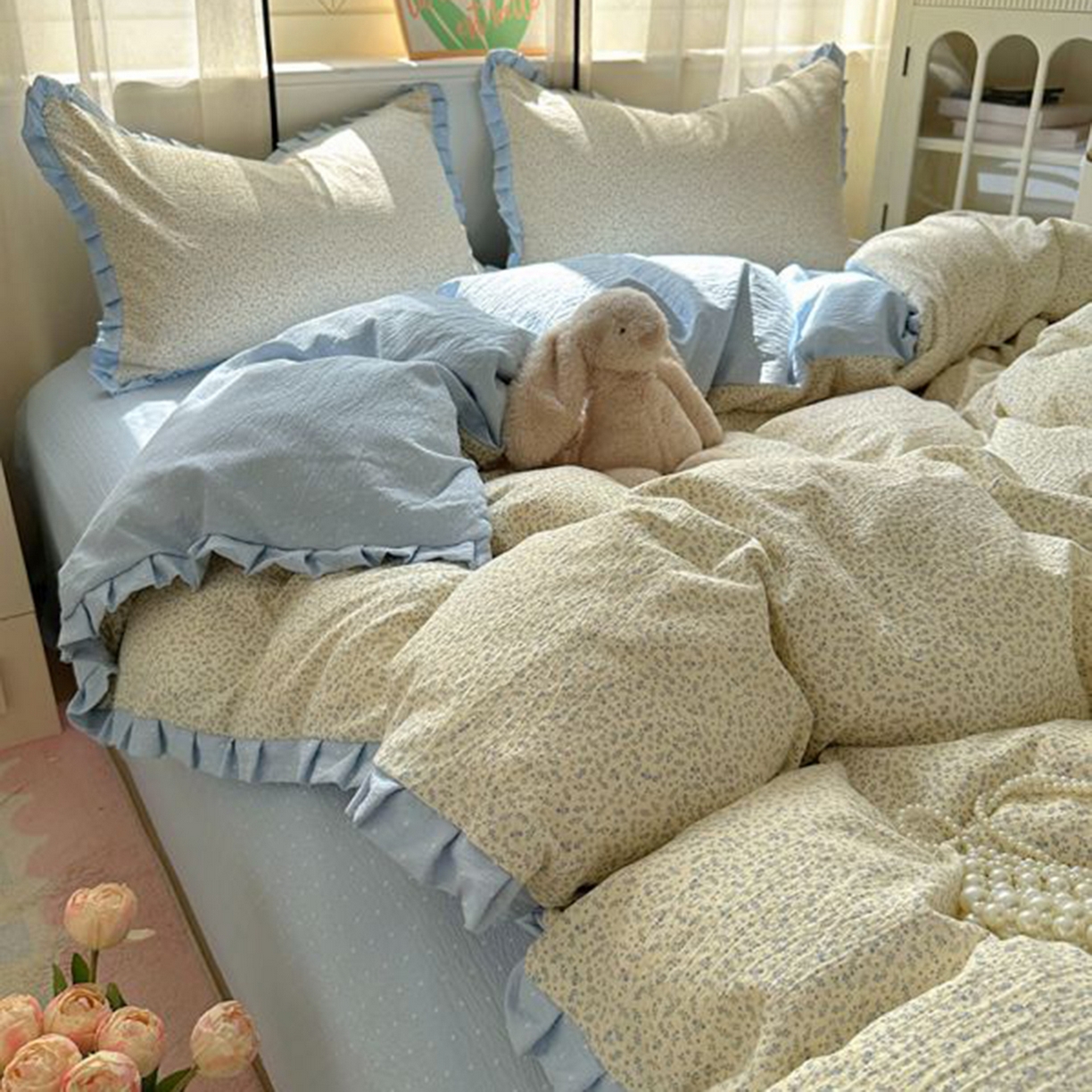 91家纺网 家纺一手货源 找家纺 春光里 2025新款高克重皱皱纱四件套 碎蓝