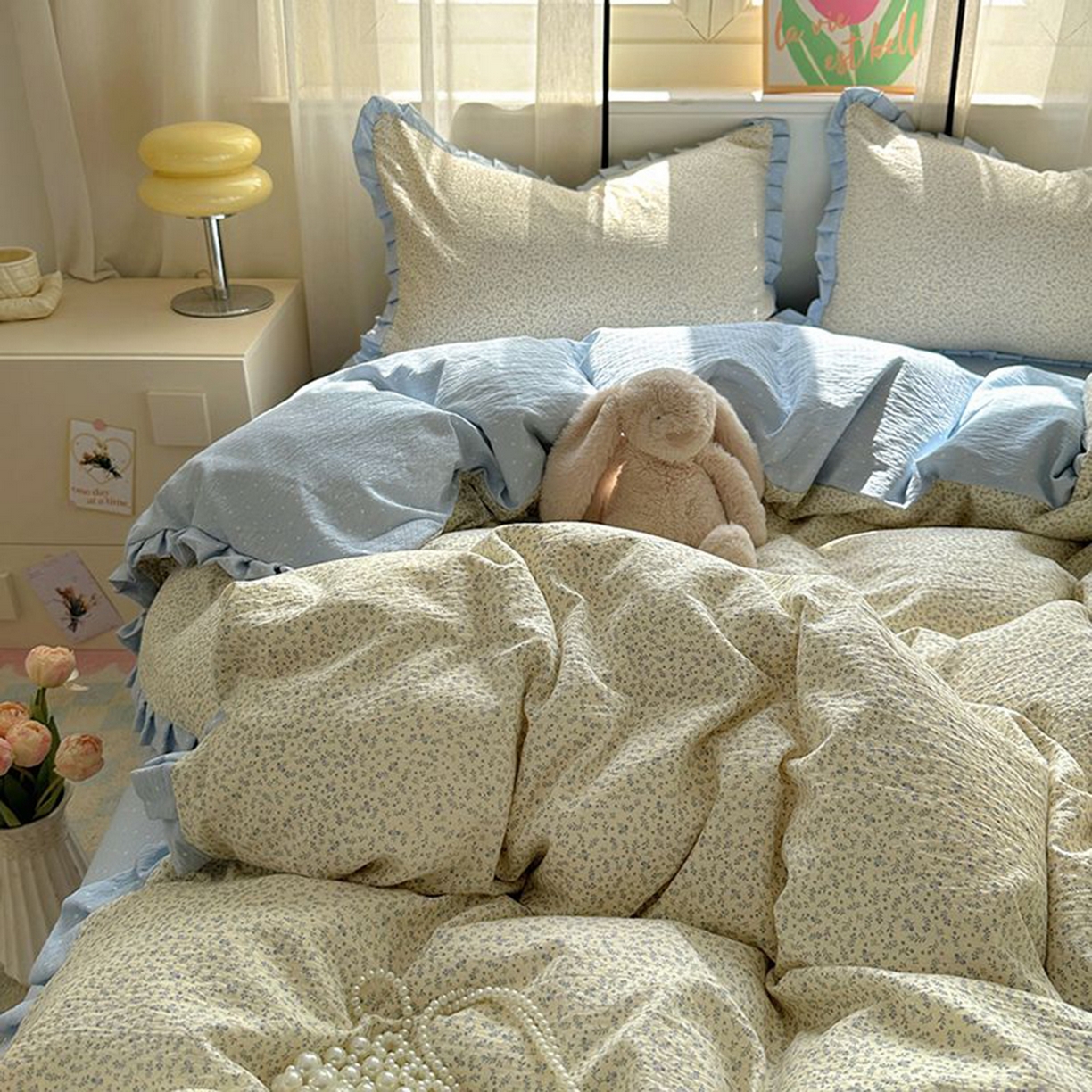 91家纺网 家纺一手货源 找家纺 春光里 2025新款高克重皱皱纱四件套 碎蓝