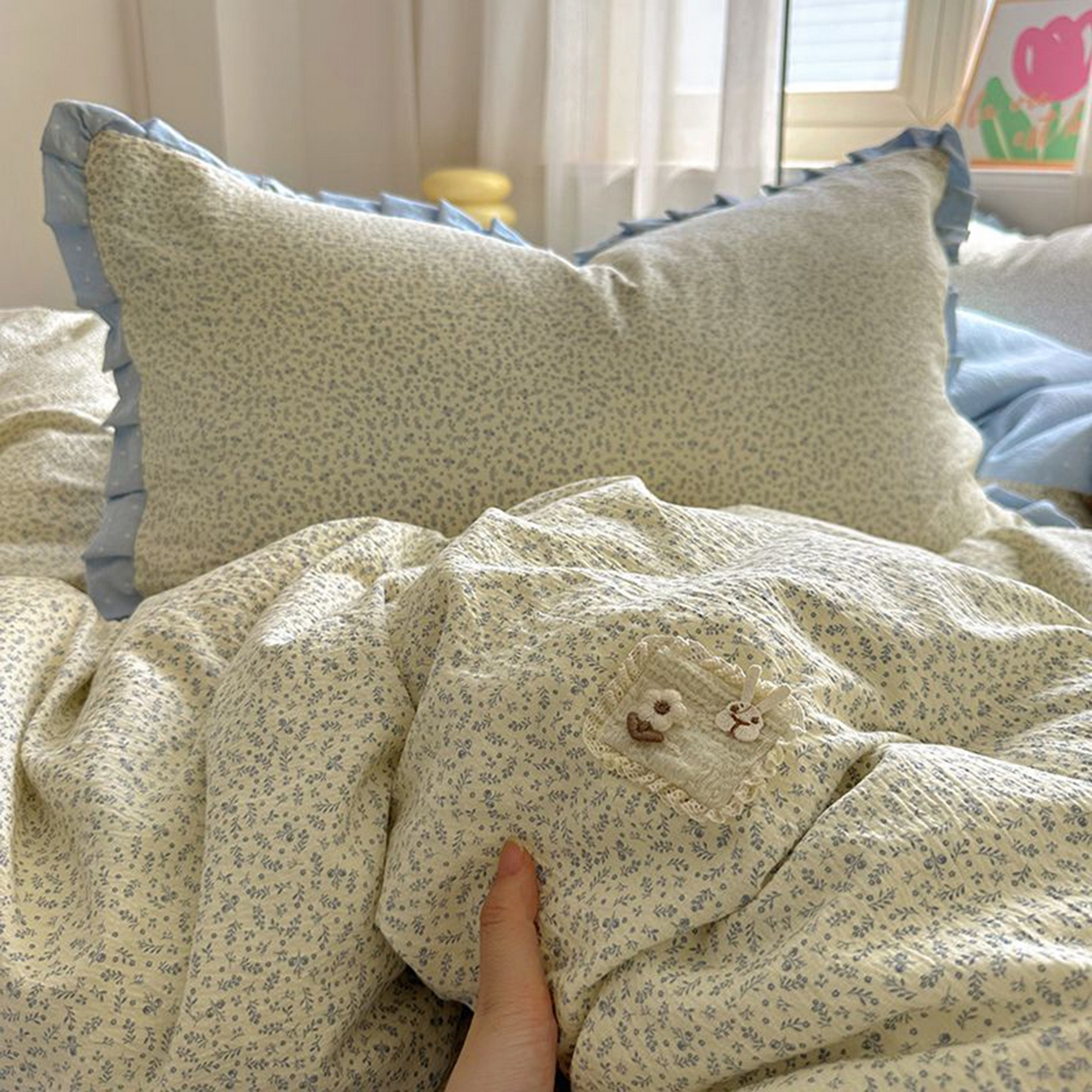 91家纺网 家纺一手货源 找家纺 春光里 2025新款高克重皱皱纱四件套 碎蓝