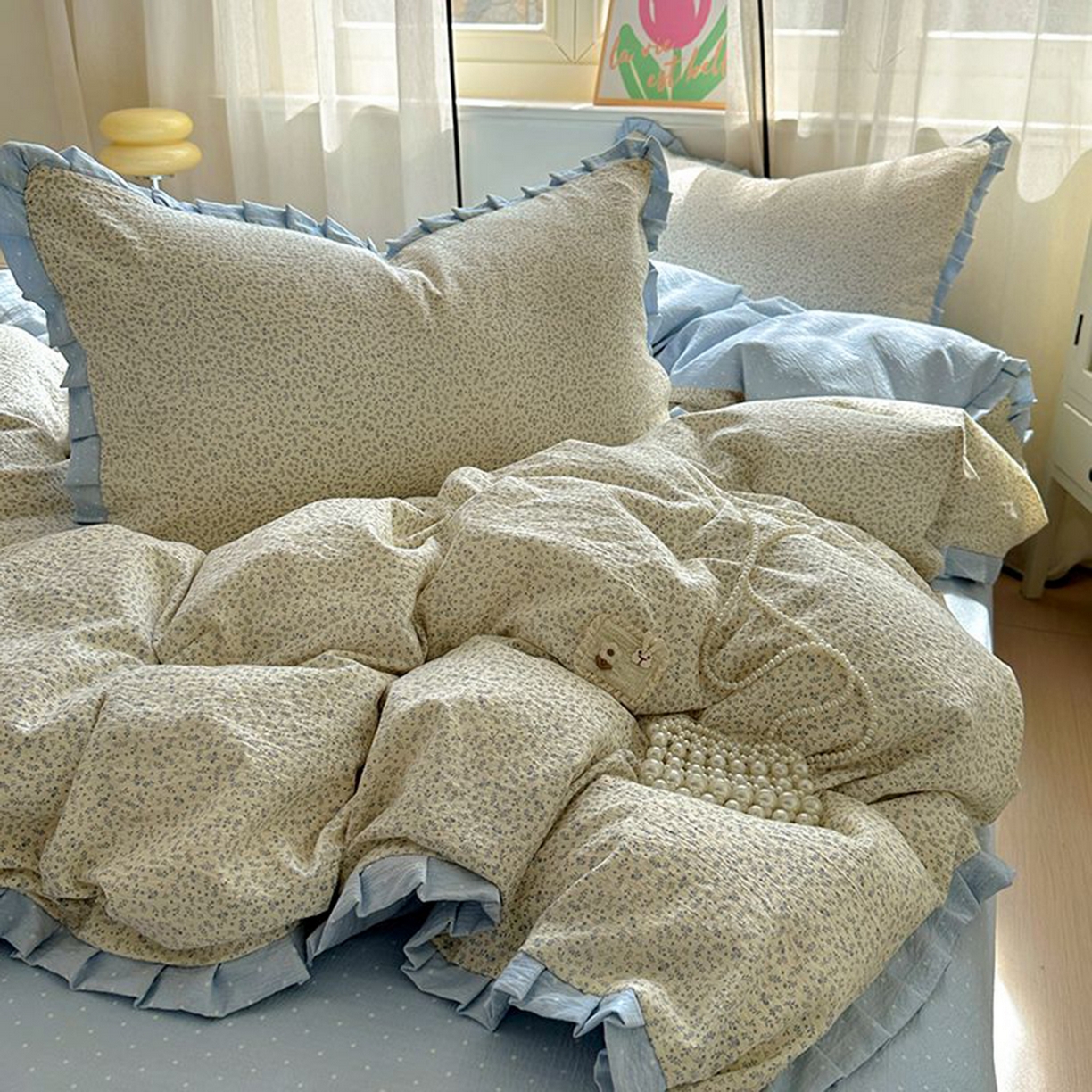 91家纺网 家纺一手货源 找家纺 春光里 2025新款高克重皱皱纱四件套 碎蓝