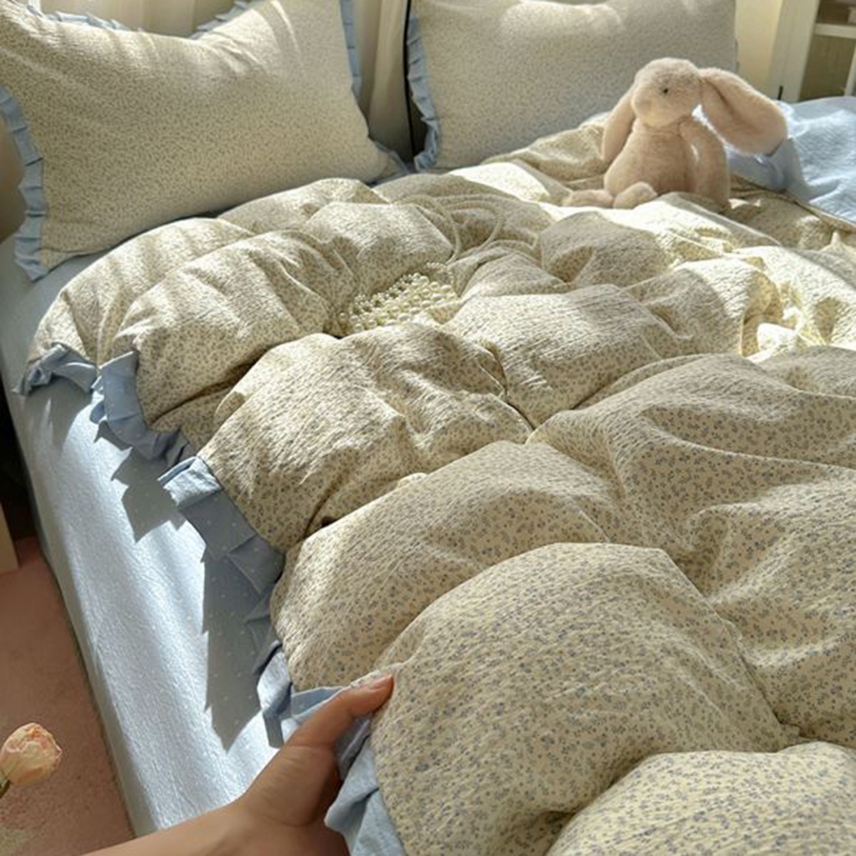 91家纺网 家纺一手货源 找家纺 春光里 2025新款高克重皱皱纱四件套 碎蓝