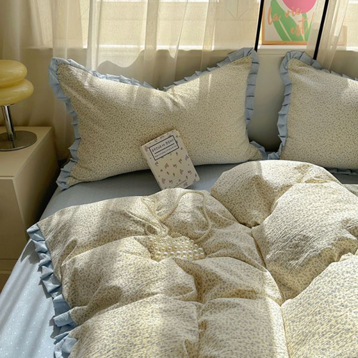 91家纺网 家纺一手货源 找家纺 春光里 2025新款高克重皱皱纱四件套 碎蓝