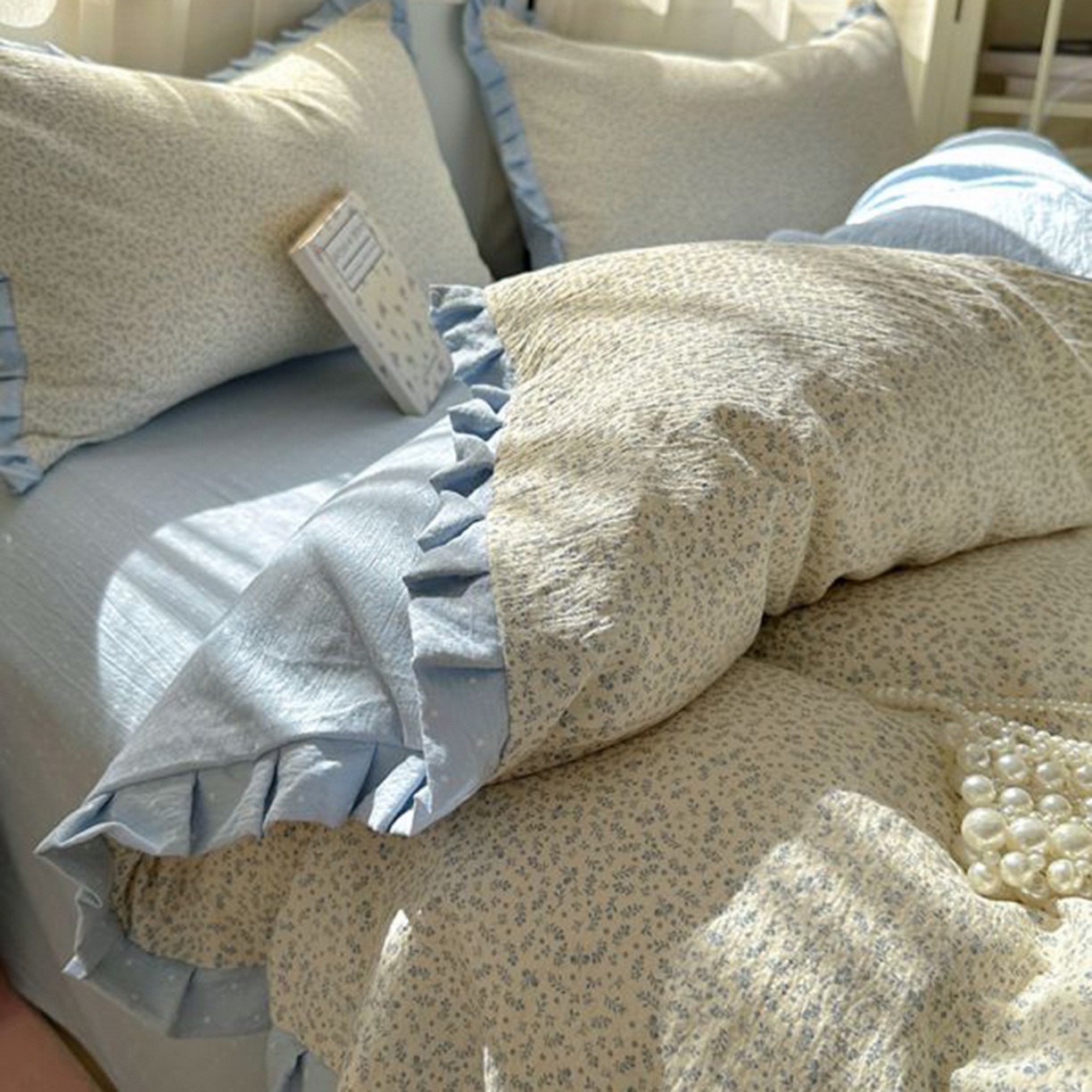 91家纺网 家纺一手货源 找家纺 春光里 2025新款高克重皱皱纱四件套 碎蓝