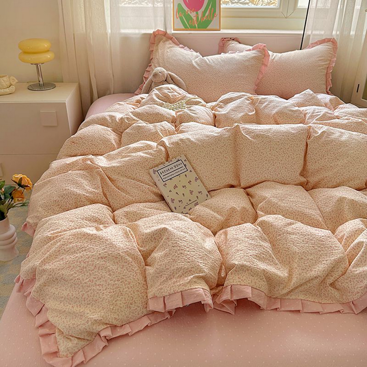 91家纺网 家纺一手货源 找家纺 春光里 2025新款高克重皱皱纱四件套 桃桃