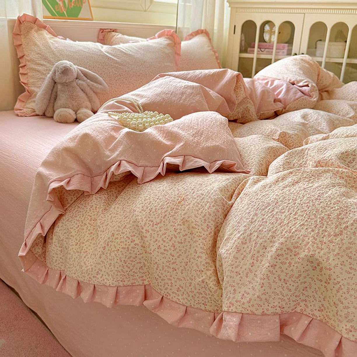 91家纺网 家纺一手货源 找家纺 春光里 2025新款高克重皱皱纱四件套 桃桃