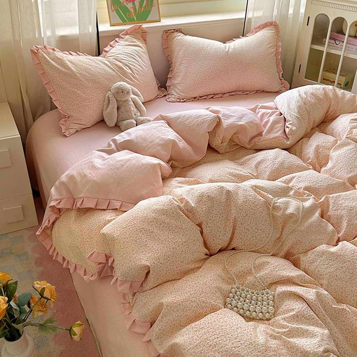 91家纺网 家纺一手货源 找家纺 春光里 2025新款高克重皱皱纱四件套 桃桃