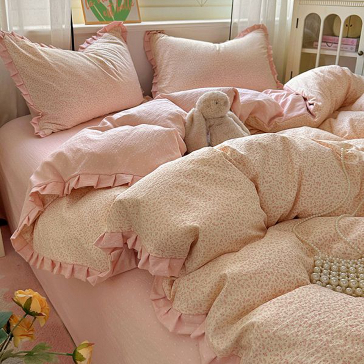 91家纺网 家纺一手货源 找家纺 春光里 2025新款高克重皱皱纱四件套 桃桃