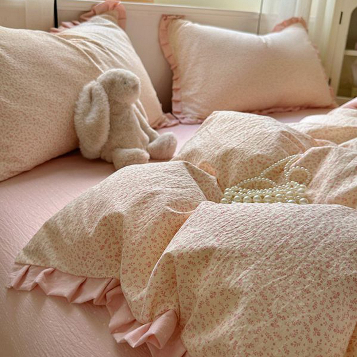 91家纺网 家纺一手货源 找家纺 春光里 2025新款高克重皱皱纱四件套 桃桃