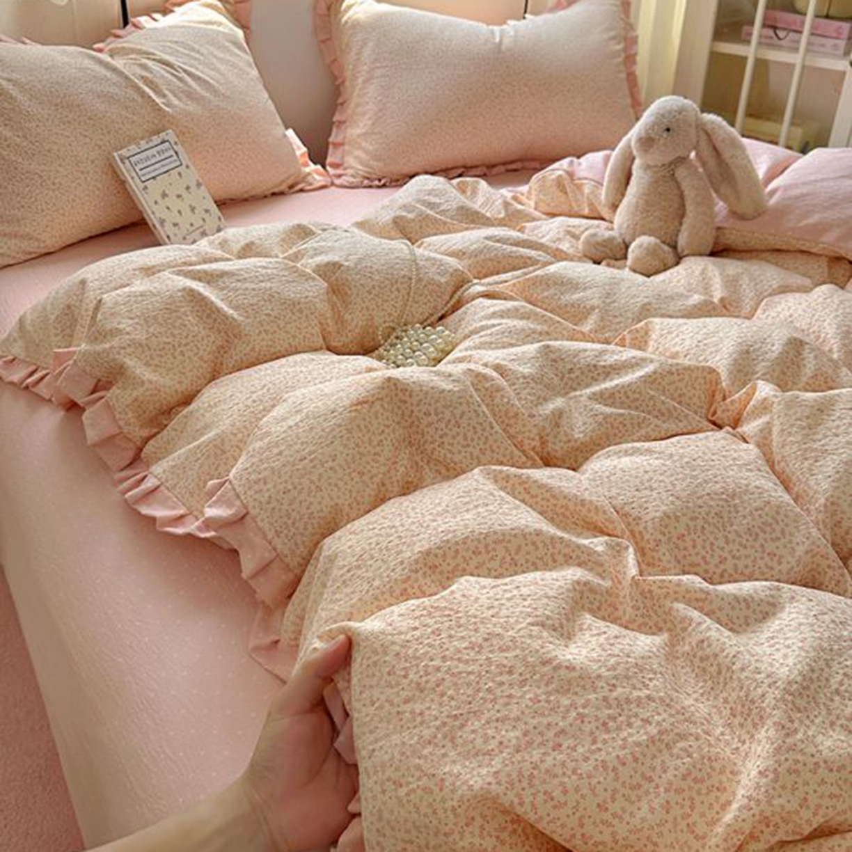 91家纺网 家纺一手货源 找家纺 春光里 2025新款高克重皱皱纱四件套 桃桃