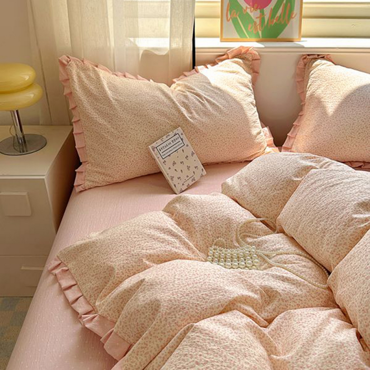 91家纺网 家纺一手货源 找家纺 春光里 2025新款高克重皱皱纱四件套 桃桃