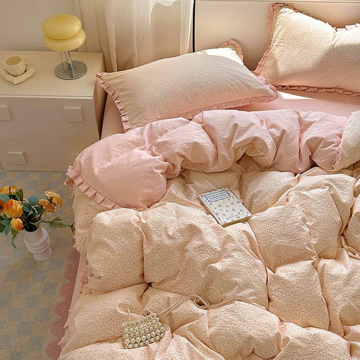 91家纺网 家纺一手货源 找家纺 春光里 2025新款高克重皱皱纱四件套 桃桃