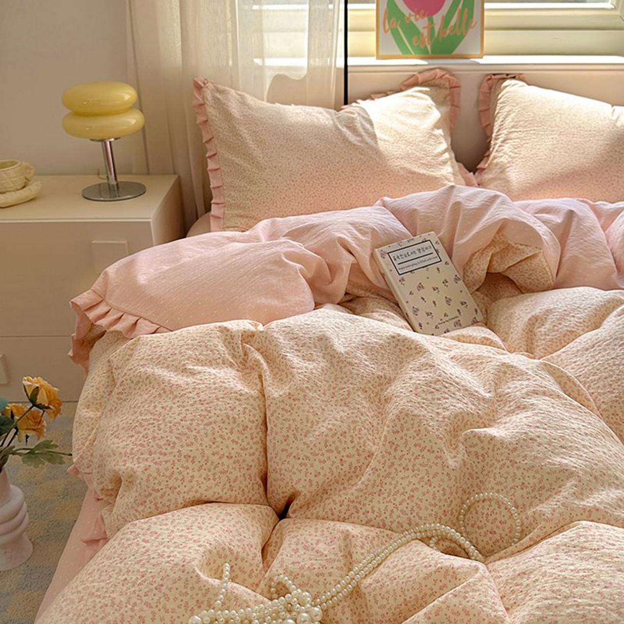 91家纺网 家纺一手货源 找家纺 春光里 2025新款高克重皱皱纱四件套 桃桃