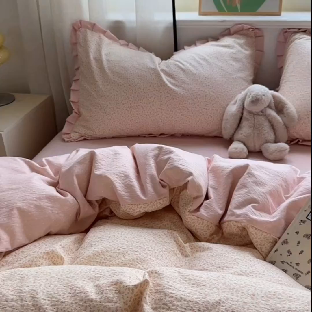 91家纺网 家纺一手货源 找家纺 春光里 2025新款高克重皱皱纱四件套 桃桃