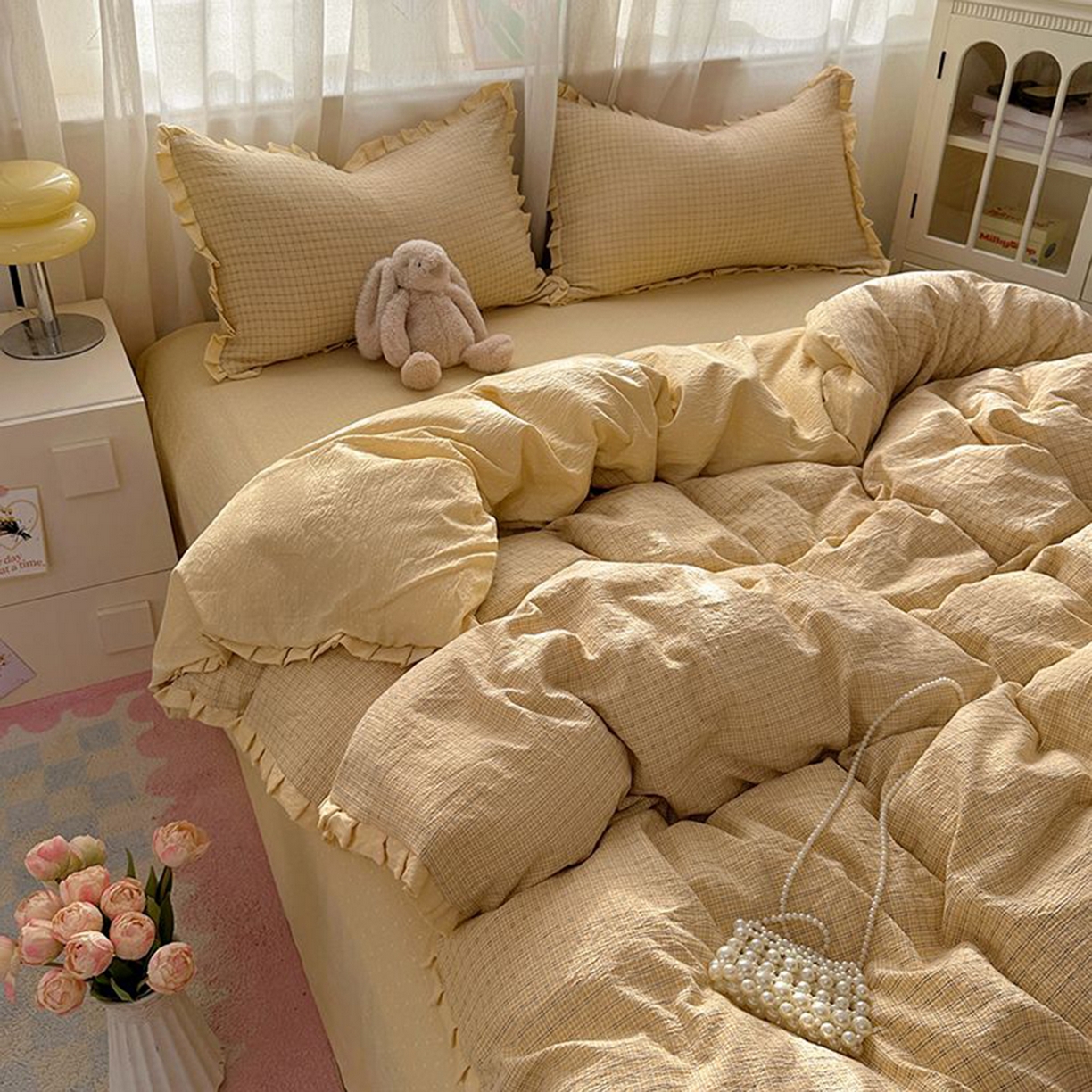 91家纺网 家纺一手货源 找家纺 春光里 2025新款高克重皱皱纱四件套 夏日黄格