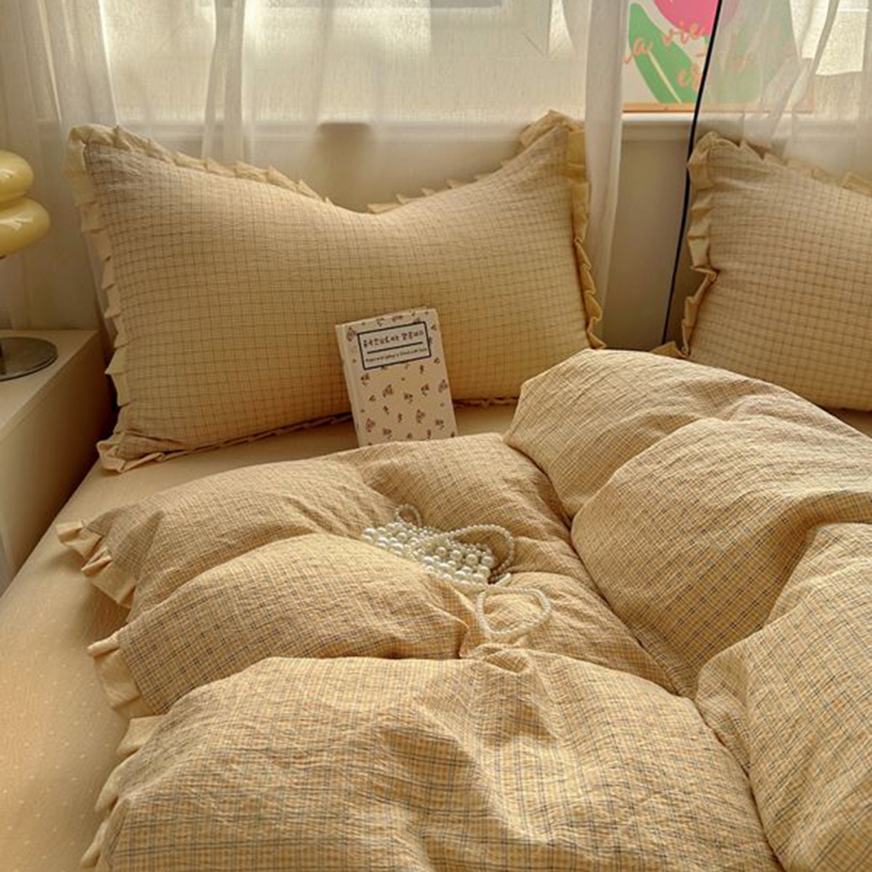 91家纺网 家纺一手货源 找家纺 春光里 2025新款高克重皱皱纱四件套 夏日黄格