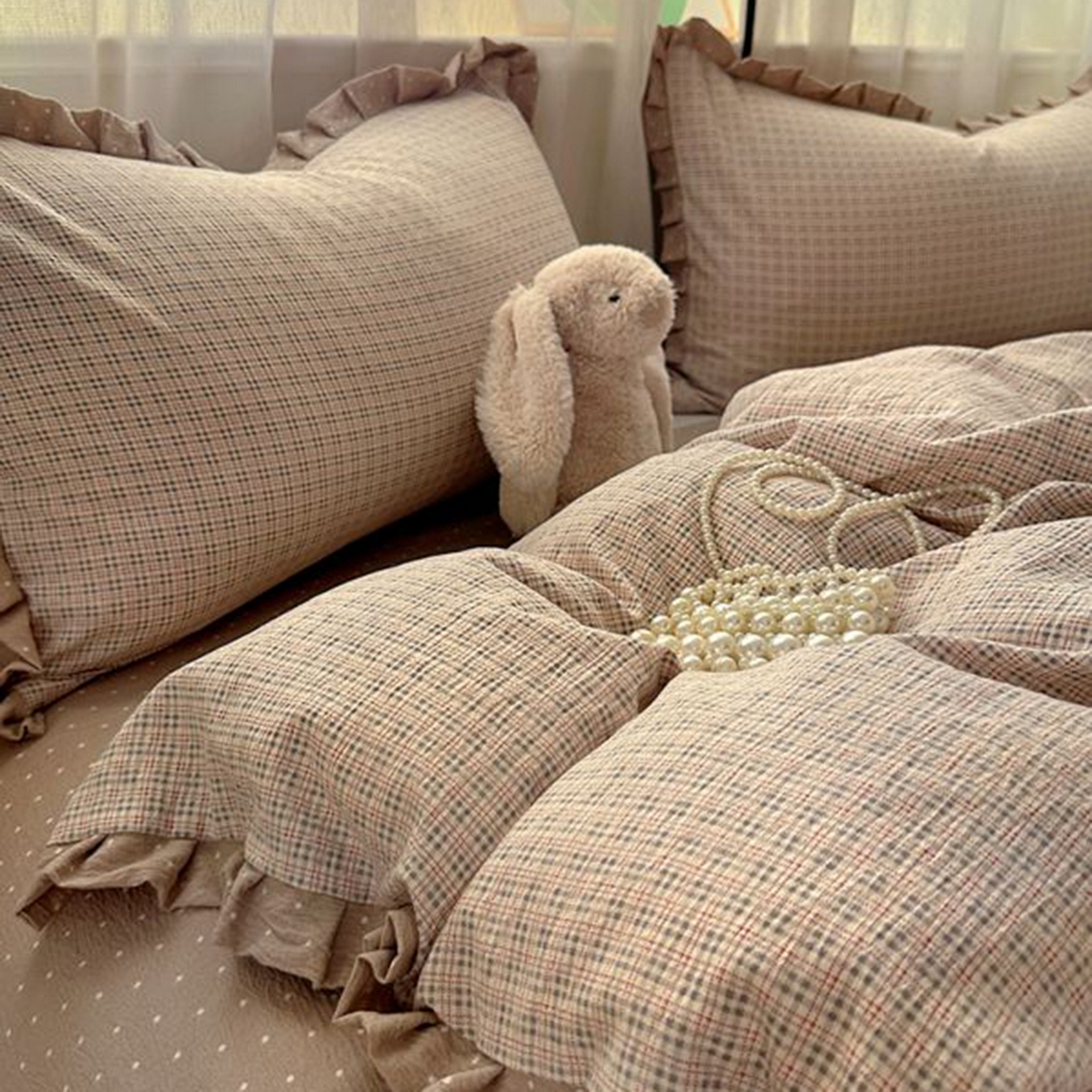 91家纺网 家纺一手货源 找家纺 春光里 2025新款高克重皱皱纱四件套 英伦格