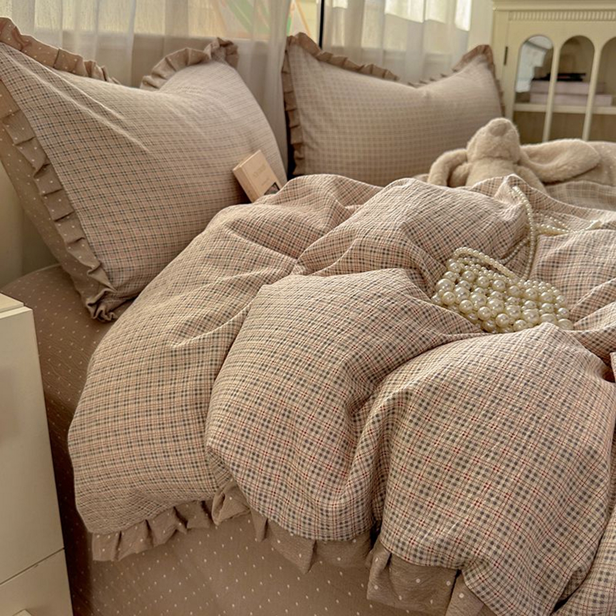 91家纺网 家纺一手货源 找家纺 春光里 2025新款高克重皱皱纱四件套 英伦格