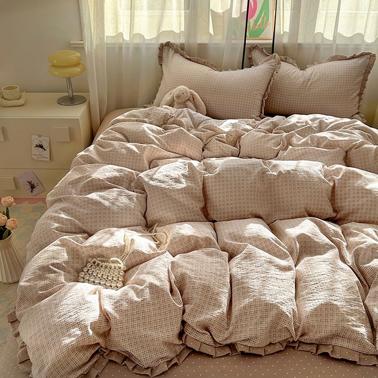 91家纺网 家纺一手货源 找家纺 春光里 2025新款高克重皱皱纱四件套 英伦格