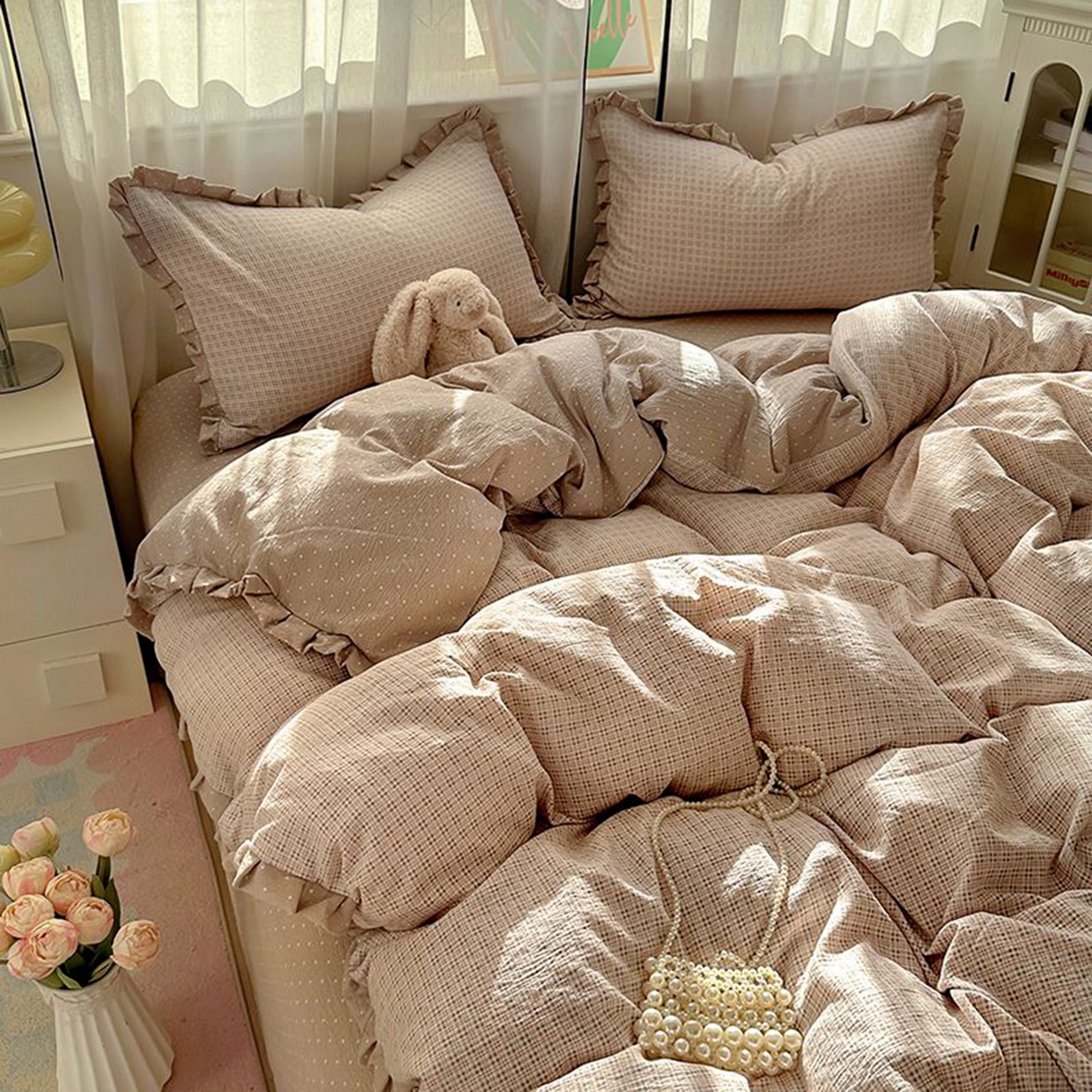 91家纺网 家纺一手货源 找家纺 春光里 2025新款高克重皱皱纱四件套 英伦格