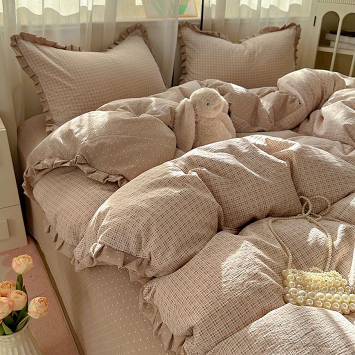 91家纺网 家纺一手货源 找家纺 春光里 2025新款高克重皱皱纱四件套 英伦格