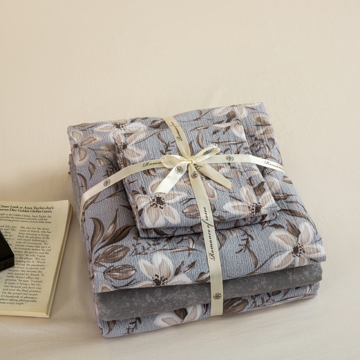 91家纺网 家纺一手货源 找家纺 大境 2025秋冬新款加厚复古风多层纱轻磨毛四件套 黛秋