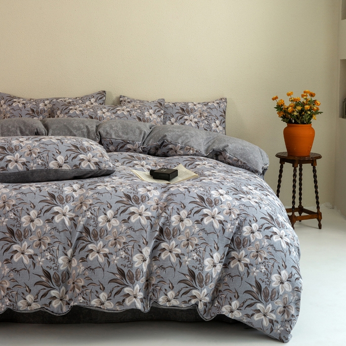 91家纺网 家纺一手货源 找家纺 大境 2025秋冬新款加厚复古风多层纱轻磨毛四件套 黛秋