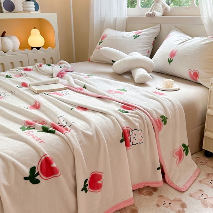 91家纺网 家纺一手货源 找家纺 宅部落 2025新款牛奶绒毛毯毯子300克云貂绒盖毯系列-印花 郁金香小免