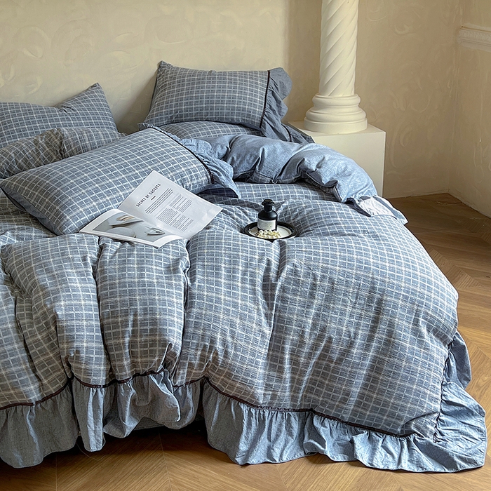 91家纺网 家纺一手货源 找家纺 春光里 2025新款高克重亚麻皱皱纱四件套 蓝调