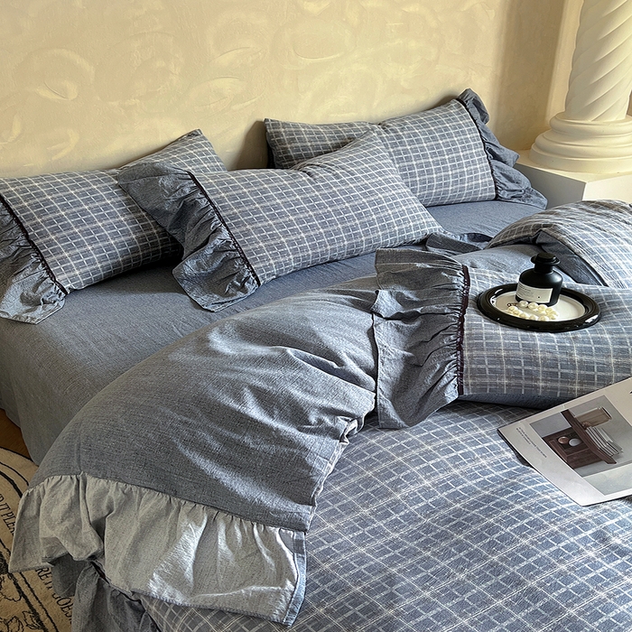 91家纺网 家纺一手货源 找家纺 春光里 2025新款高克重亚麻皱皱纱四件套 蓝调