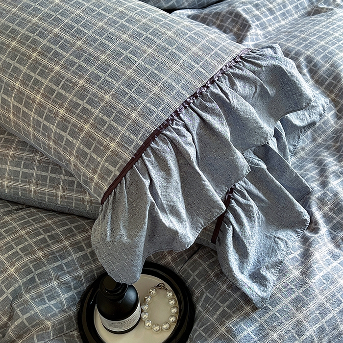 91家纺网 家纺一手货源 找家纺 春光里 2025新款高克重亚麻皱皱纱四件套 蓝调