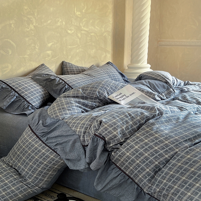 91家纺网 家纺一手货源 找家纺 春光里 2025新款高克重亚麻皱皱纱四件套 蓝调