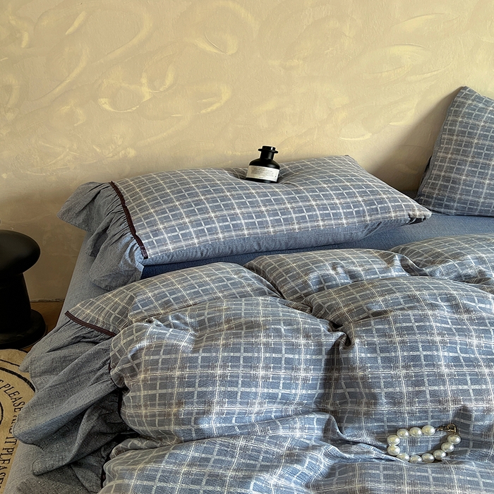 91家纺网 家纺一手货源 找家纺 春光里 2025新款高克重亚麻皱皱纱四件套 蓝调