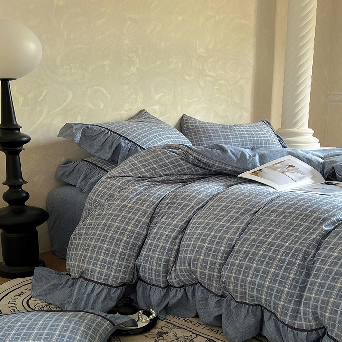 91家纺网 家纺一手货源 找家纺 春光里 2025新款高克重亚麻皱皱纱四件套 蓝调