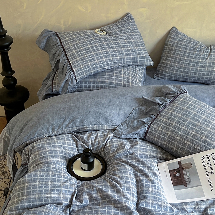 91家纺网 家纺一手货源 找家纺 春光里 2025新款高克重亚麻皱皱纱四件套 蓝调