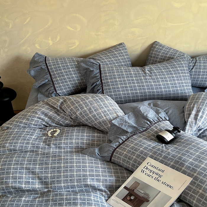 91家纺网 家纺一手货源 找家纺 春光里 2025新款高克重亚麻皱皱纱四件套 蓝调